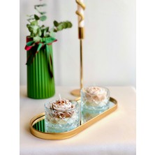 Bulud Design Lüks Dekoratif Kokulu Şakayık Çiçek Mum - Kristal Cam Kasede Özel Tasarım 2'li Set - Gold Aynalı Tepsi Hediyelik Estetik & Ev Aksesuarı