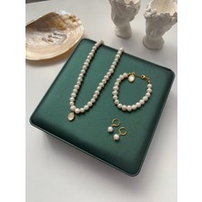 Jovi Atelier Sertifikalı Doğal Beyaz Inci Kolye Bileklik Küpe Set - Çelik Aparat - Oval Charm