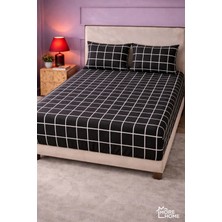 More Home Çift  Kişilik Lastikli Çarşaf  Seti + Yastık Kılıfı Kareli Siyah Beyaz