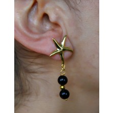 Esha Store Yıldız Model Altın Kaplama Oniks Doğal Taşlı Küpe Kadın Sallantılı Küpe EUKU36O