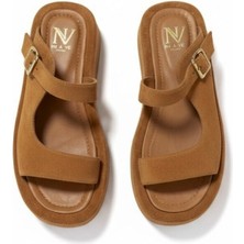 Ne&Ve Shoes Taba Süet Hakiki Deri Tokalı Kadın Kalın Kaplama Tabanlı Sandalet Terlik