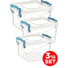 3'lü Kare Kelepçeli Şeffaf Saklama Kabı Seti | Kapaklı Saklama Kabı Set 2.4 Lt - 1.2 Lt - 550 ml ROYALEKS-82111