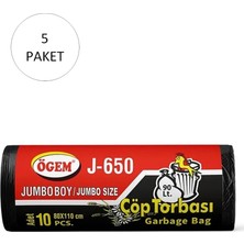 J-650 Jumbo Boy Çöp Torbası 80 x 110 cm 10 Lu Rulo x 5 Paket = 50 Adet (Siyah)
