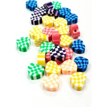 30 Adet 10 mm Polimer Kil Fimo Boncuk Takı Bileklik + 1 Metre Lastikli Misina Hediye - Desenli Kalp