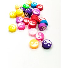 30 Adet 10 mm Polimer Kil Fimo Boncuk Takı Bileklik + 1 Metre Lastikli Misina Hediye - Renkli Yin Yang