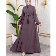 Modamorfo Fermuarlı Kolu Lastikli Beli Kemerli Medine Ipeği  Ferace -Vişne