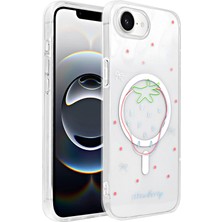 Akare iPhone 17E Kılıf M-Safe Şarj Özellikli Şeffaf Zore Folk Sert Kapak - Çilek