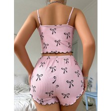 Allsisii Pembe Fiyonklu Askılı Şortlu Kadın Pijama Takımı, Yumuşak Kumaş
