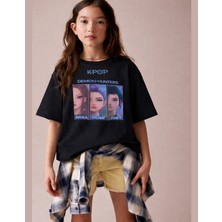Little Aden Kpop Demon Hunters Huntrix Kısa Kollu Baskılı Kız Çocuk Oversize Tişört
