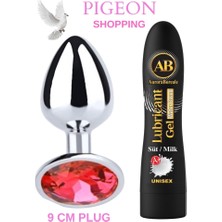 Aşkın Deposu Pıgeon Shoppıng Elmas Taşlı Çelik Anal Plug Tıkaç - 9 cm Uzunluk - 4.4 mm Çap - Orta Boy Elmas Taşlı Süper Çelik Plug Süpriz Hediyeli Büyük Boy A+Süt Aromalı Jel