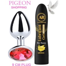 Aşkın Deposu Pıgeon Shoppıng Elmas Taşlı Çelik Anal Plug Tıkaç - 9 cm Uzunluk - 4.4 mm Çap - Orta Boy Elmas Taşlı Süper Çelik Plug Süpriz Hediyeli Büyük Boy Muz Aromalı Jel