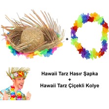 Ethab Ticaret Hawaii Tarzı Tropikal Çiçekli Hasır Şapka ve Çiçekli Hawaii Kolye