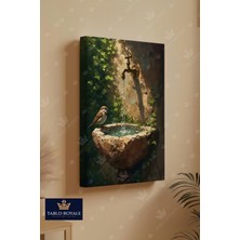 Tablo Royale Su Akan Musluğun Başında Bekleyen Kuş Dikey Kanvas Tablo - Salon Tablo - Ofis Tablo