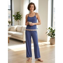 U&me Ip Askılı Kadın Yazlık Uzun Pijama Takımı, Ekose Şerit Detaylı Yumuşak Rahat Ev Giyim Seti Indigo