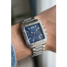 Ferrucci Gümüş Kare Kasa Erkek Kol Saati | 38 mm Çelik Kasa, Gümüş Metal Kordon, Mavi Kadran