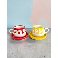 Artistic Quality Dekoratif Sarı ve Kırmızı Damla, Kabartma Detaylı Çay-Kahve Fincanı 2 Adet