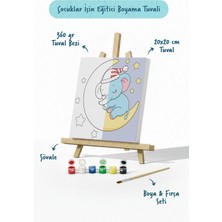 Tabdiko Ay Üzerinde Uyuyan Fil Temalı Çocuk Boyama Tuvali – Şövaleli Eğitici Boyama Seti 20X20 cm