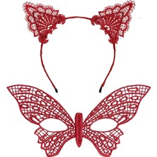 Colezium Gösterişli Kırmızı Dantel Maske ve Taç Seti 7 No – Masquerade ve Davetler Için