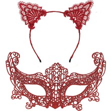 Colezium Romantik Kırmızı Dantel Maske Seti – Kedi Kulaklı Taç ve Maske 3 No