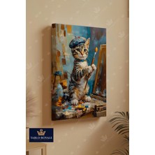 Tablo Royale Yağlı Boya Yapan Ressam Kedi Dikey Dekor Kanvas Tablo - Salon Tablo - Ofis Tablo