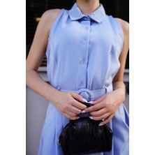 Colezium Gömlek Yaka Kemerli Elbise Mavi S255061