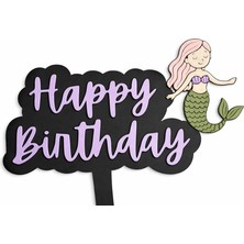 Liya3D Deniz Kızı Figürlü Happy Birthday Cake Topper – Mor Yazılı Pasta Süsü