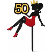 Liya3D 50 Yaş Taçlı Kadın Siluet Pasta Süsü – Şık Doğum Günü Cake Topper – 3D Baskı
