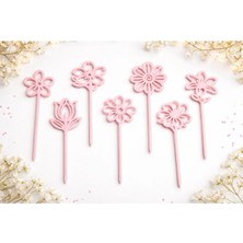 Liya3D Çiçek Temalı Pasta Süsü Seti – 7’li Pembe 3D Pla Baskı Cake Topper