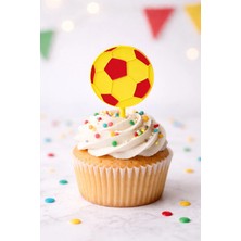 Liya3D Futbol Topu Cake Topper – Sarı Kırmızı Cupcake & Pasta Süsü (6 Adet)