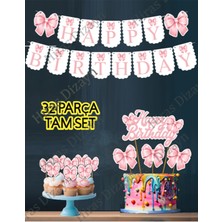 32 Parça Tam Set Pembe Fiyonk Kurdele Doğum Günü Süs Seti Banner+ Pasta Kürdanı+ Cupcake Süsü Seti