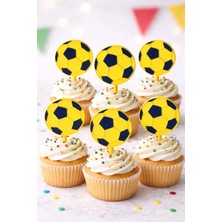 Liya3D Futbol Topu Cake Topper – Sarı Lacivert Cupcake & Pasta Süsü (6 Adet)