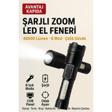 Mustran Şarjlı Zoom Led El Feneri 48000 Lümen Çelik Gövde 6 Modlu Kamp Tarla Araç Balıkçı Acil Durum