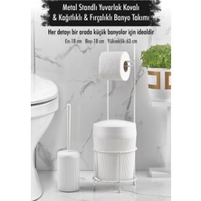 Mustran Metal Standlı Yuvarlak Kovalı & Kağıtlıklı & Fırçalıklı Beyaz Banyo Takımı
