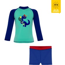 Daring Littles Uv Korumalı Upf 50+ Çocuk Yüzme Seti - Uzun Kollu Dinozor Baskılı Üst & Boxer Alt - Geri Dönüştürülmüş Kumaş - D-Rex Koleksiyonu