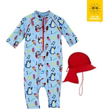 Daring Littles Uv Korumalı Upf 50+ Bebek Şapkalı Yüzme Seti - Uzun Kollu Penguen Desen Tulum & Kırmızı Şapka - Geri Dönüştürülmüş Kumaş - Tappy Koleksiyonu