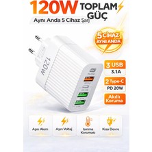 Yellowtech 120W Turbo Hızlı Şarj Adaptörü 5 Çıkışlı | 3 USB + 2 Type-C PD 20W | Aynı Anda 5 Cihaz Şarj | Akıllı Koruma, iPhone Samsung Uyumlu Çoklu Şarj Cihazı