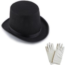 Mey Ithalat®  Siyah Sihirbaz Fötr Şapka 15 cm - 1 Çift Beyaz Sihirbaz Eldiveni - Yetişkin Boy