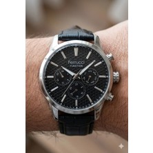 Ferrucci Modern Erkek Kol Saati | 45 mm Çelik Kasa, Siyah Deri Kordon, Siyah Kadran