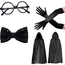 Colezium Siyah Kapüşonlu Büyücü ve Cadı Pelerin Kostüm Seti (4 Parça)