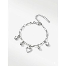 Laria Kadın Gümüş Renk Sallantılı Kalp ve Yıldızlı Bileklik - Ayarlanabilir Zincir