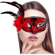Mey Ithalat® Kırmızı Renk Yandan Tüylü Güllü Gümüş Taşlı Pullu Maske 20X22 cm