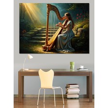 Artmeg Merdivende Arp Çalan Zarif Kadın Dekoratif Kanvas - Mdf Ahşap Tablo