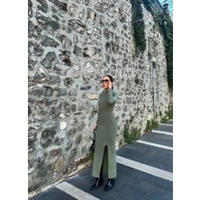 Colezium Yırtmaçlı Kalın Bürümcük Uzun Elbise Yeşil