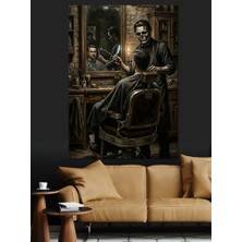 Tablomega Berber Dükkanında Tıraş Yapan Iskelet Dekoratif Kanvas - Mdf Ahşap Tablo