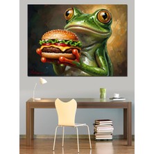 Artmeg Hamburger Yiyen Komik Yeşil Kurbağa Dekoratif Kanvas - Mdf Ahşap Tablo