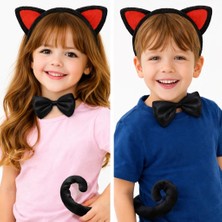 Mey Ithalat® Kırmızı Kulaklı Kedi Kostüm Seti – Taç Papyon Kuyruk 3 Parça