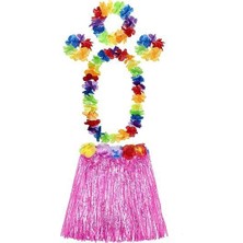 Mey Ithalat® Yetişkin ve Çocuk Uyumlu Luau Aloha Hawaii Pembe Etek ve Renkli Kolye Taç 2 Adet Bileklik Seti