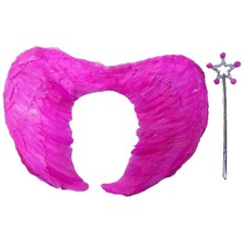 Mey Ithalat® Gerçek Tüylü Katlanabilir Çocuk Pembe Melek Kanadı ve Asa Seti 40X55 cm