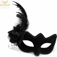 Mey Ithalat® Beyaz Inci Detaylı Siyah Süet Venedik Kadın Maskesi Tüylü Güllü