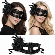 Colezium Siyah Venedik Parti Maskesi – Çiçekli Tüylü Payetli